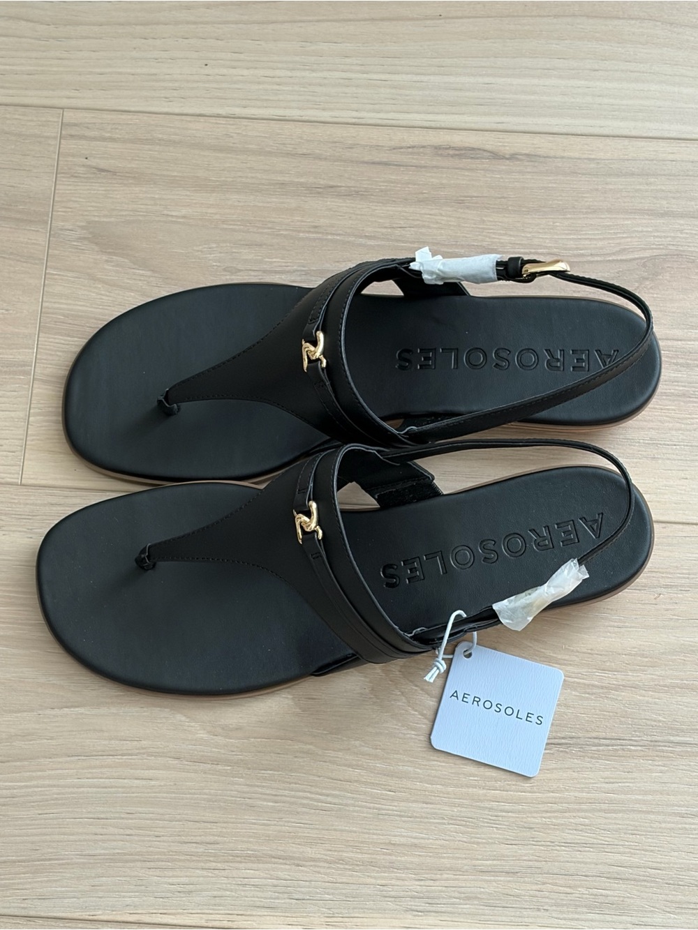 π NEW Aerosoles Size 11 Gemal Black Faux Leather Slingback Sandal Gold Hardware - Picture 6 of 15